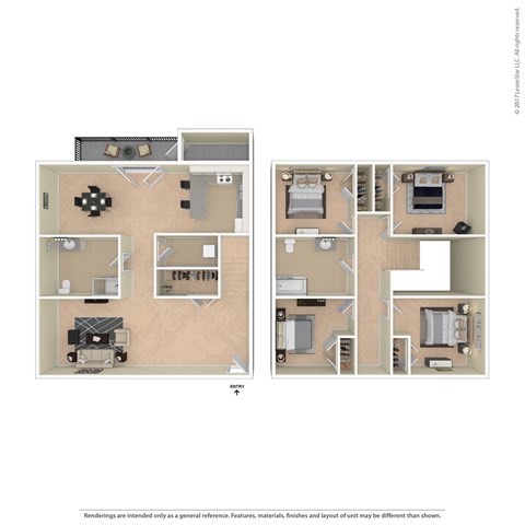 Floor plan for 4 beds, 2 baths, 1240 sqft